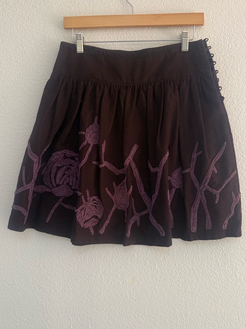 Women's Brown Circle Skirt with Purple Floral Embroidery